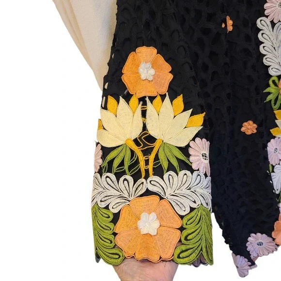 Vtg Queen Caro Of Honolulu Black Jacket Floral Embroidered Eyelet‎ Large Artsy - Picture 4 of 10
